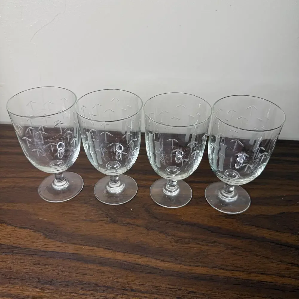 Sasaki Crystal Bamboo Water Goblets Set of 4 Multisided Stems Cups